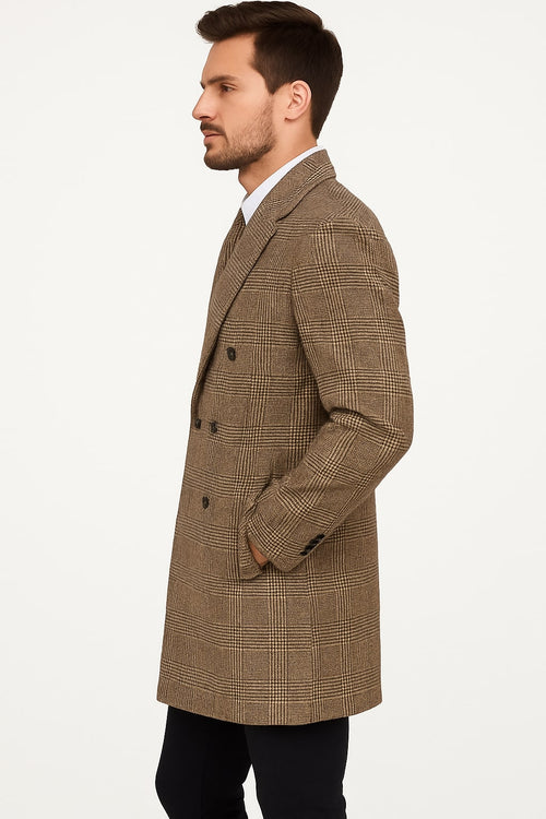 Mens Gray and Light Brown Glen Plaid Wool Overcoat – Double-Breasted Vintage Check OverCoat - Three Quarter Carcoat