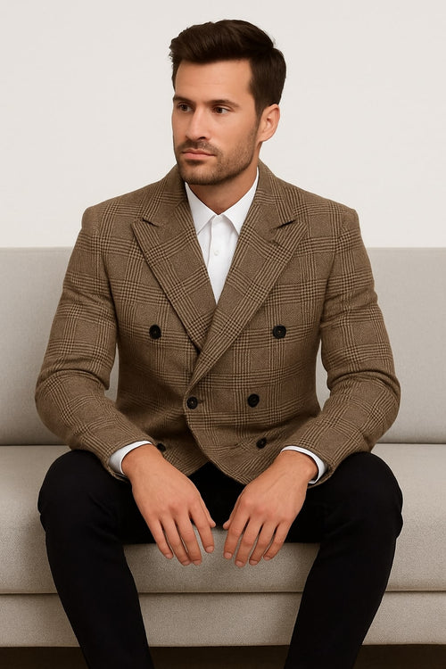 Mens Gray and Light Brown Glen Plaid Wool Overcoat – Double-Breasted Vintage Check OverCoat - Three Quarter Carcoat