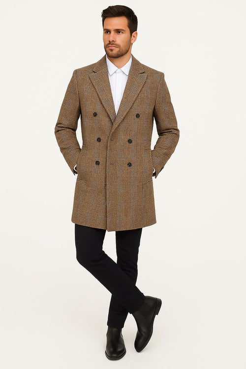 Mens Gray and Light Brown Glen Plaid Wool Overcoat – Double-Breasted Vintage Check OverCoat - Three Quarter Carcoat