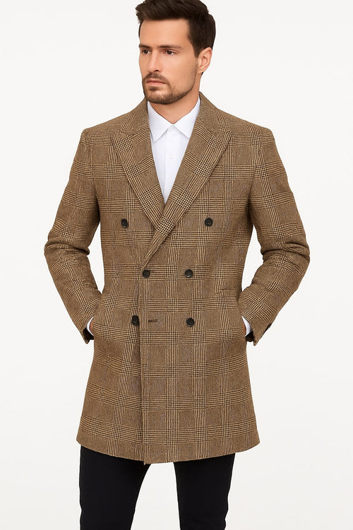 Mens Gray and Light Brown Glen Plaid Wool Overcoat – Double-Breasted Vintage Check OverCoat - Three Quarter Carcoat
