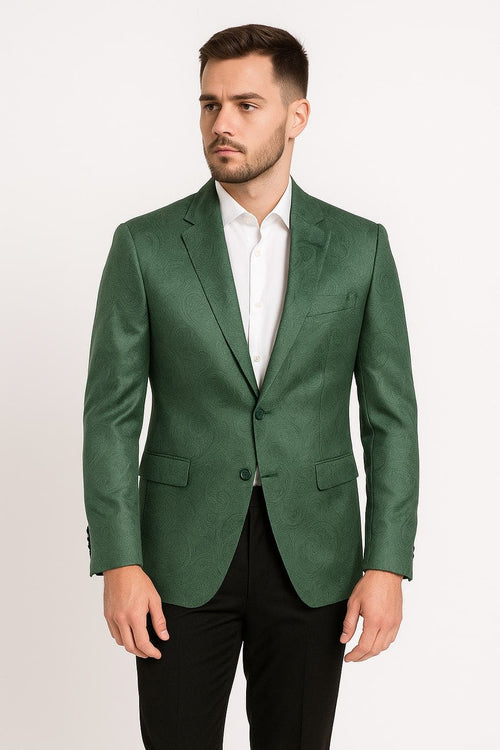 Mens Green Paisley Tuxedo Jacket – Slim Fit Embossed Formal Blazer for Weddings and Special Events in Soft velvet Fabric With Black Pants