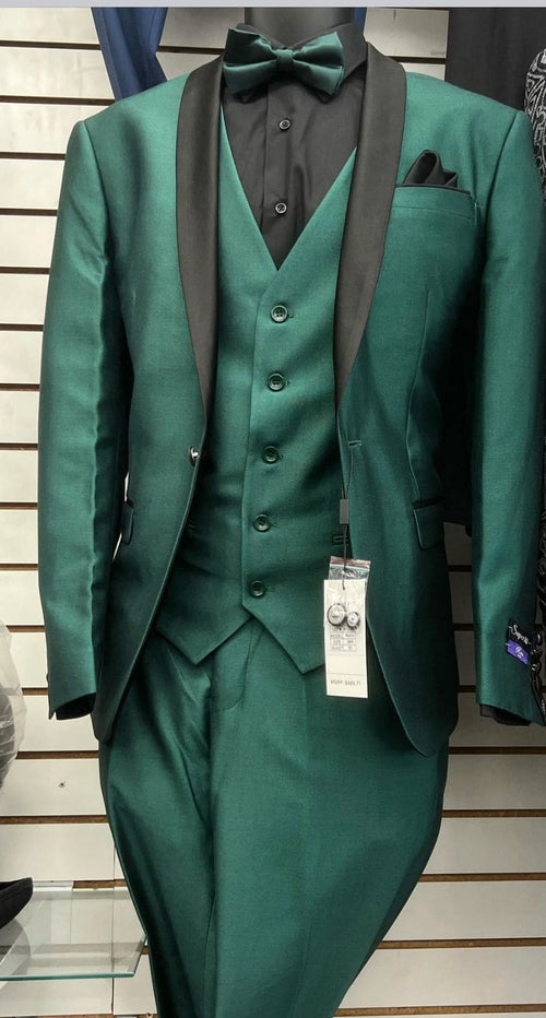Mens Emerald Green Tuxedo with Black Satin Shawl Lapel 3 Piece Formal Suit with Vest