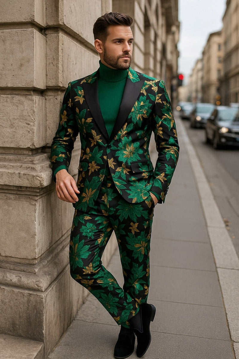 Mens Green and Gold Floral Tuxedo Suit - Luxury 2 Piece Slim Fit Outfit for Weddings, Proms, and Special Events