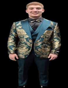 Green and Gold Paisley Floral Wedding Tuxedo Suit with Matching Vest