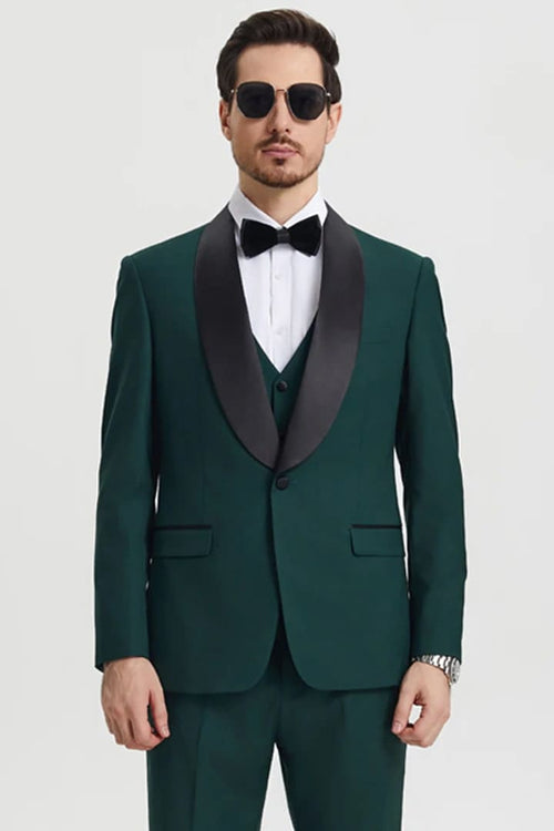 Dark Green Tuxedo - Men's Stacy Adams Vested One Button Shawl Lapel Hunter Green Designer Tuxedo