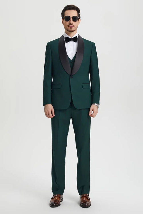 Dark Green Tuxedo - Men's Stacy Adams Vested One Button Shawl Lapel Hunter Green Designer Tuxedo