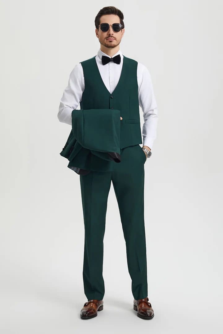 Dark Green Tuxedo - Men's Stacy Adams Vested One Button Shawl Lapel Hunter Green Designer Tuxedo