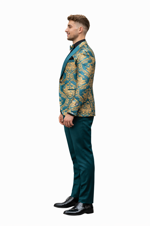 Green and Gold Paisley Floral Wedding Tuxedo Suit with Matching Vest