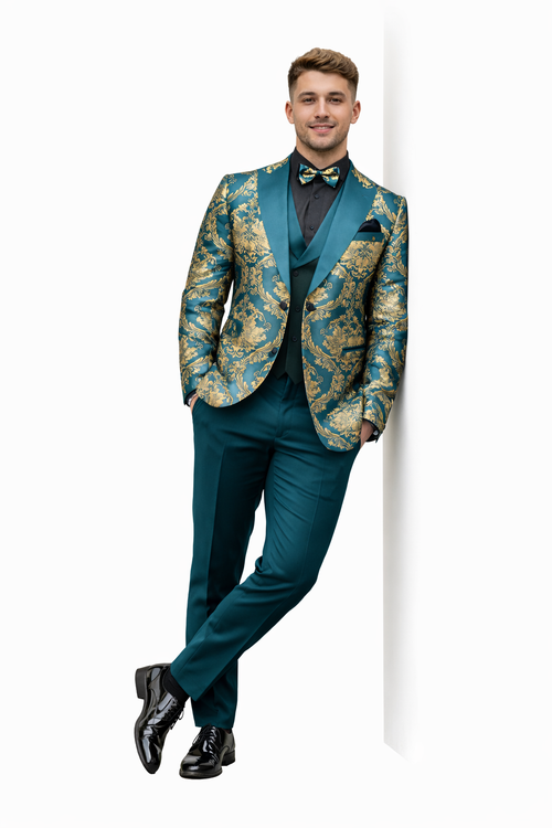 Green and Gold Paisley Floral Wedding Tuxedo Suit with Matching Vest