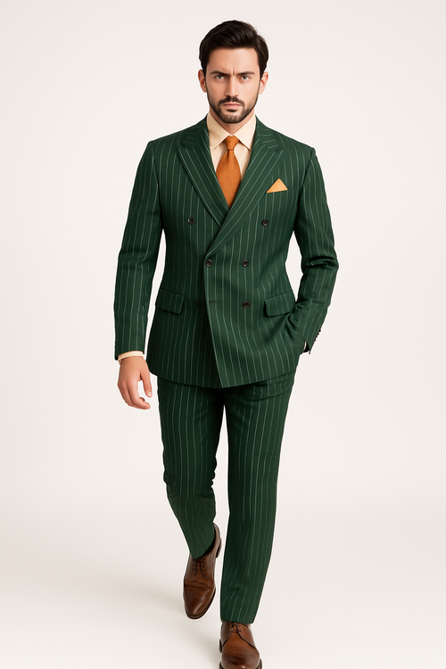 Rockefeller Collection - Double Breasted Stripe Suit Hunter Green Regular Fit 2 Piece