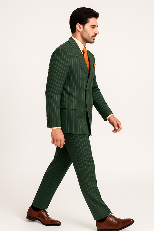 Rockefeller Collection - Double Breasted Stripe Suit Hunter Green Regular Fit 2 Piece