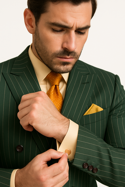 Rockefeller Collection - Double Breasted Stripe Suit Hunter Green Regular Fit 2 Piece