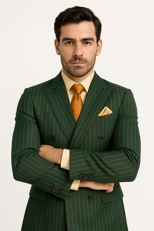 Rockefeller Collection - Double Breasted Stripe Suit Hunter Green Regular Fit 2 Piece