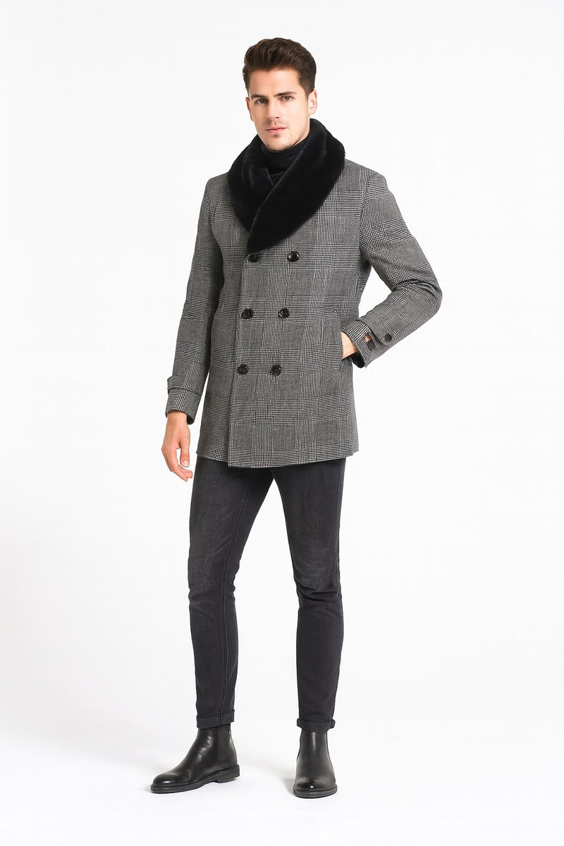 Men's grey plaid double-breasted overcoat with black faux fur collar & structured silhouette. Features checkered grey pattern & classic black buttons.