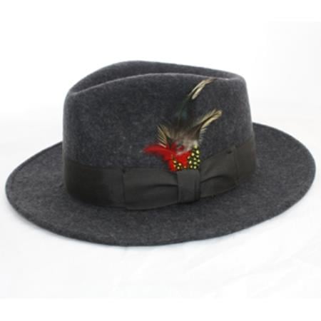 Men's grey wool fedora with a rounded, slightly asymmetrical crown and wide brim. Black satin band with feather detail. Classic and stylish.
