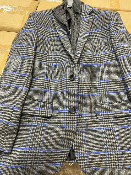 Mens Grey and Blue Glen Check Wool Blazer with Quilted Inner Layer