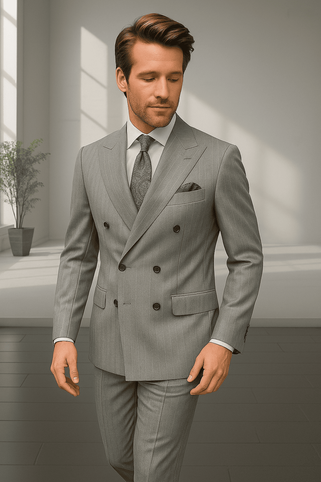 Wool Suit - Italian Made Business Suit by Statement Men's 2 Piece 100% Wool Double Breasted Suit - Pinstripe Pattern