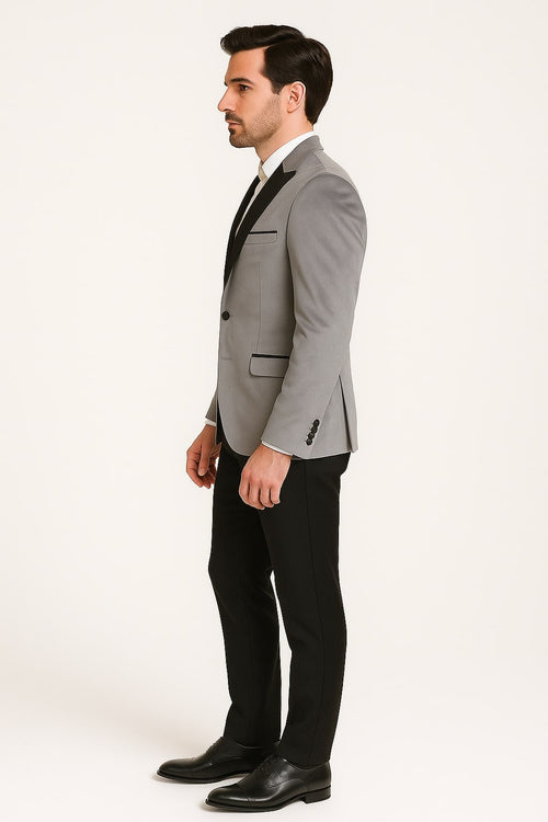 Men's Grey Velvet Tuxedo Jacket with Black Satin Lapel Suit Mens Blazer + Black Pants