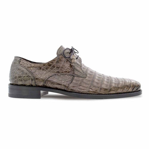 Men's Anderson grey crocodile lace-up shoes. Sleek, elongated shape with a pointed toe. Grey crocodile skin upper with textured pattern. Black lace closure and sole.