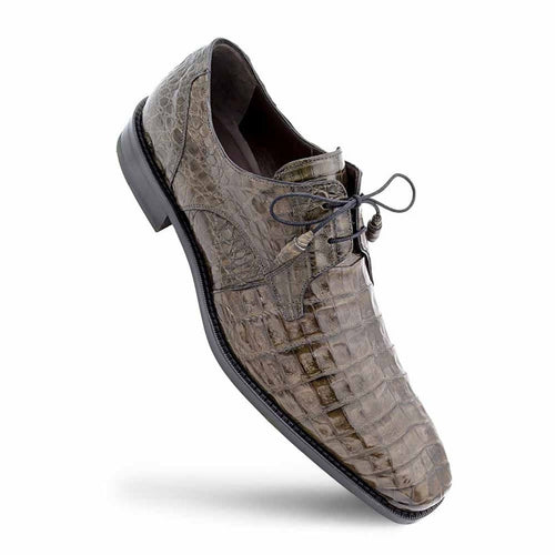 Men's Anderson grey crocodile lace-up shoes. Sleek, pointed toe design with textured grey crocodile leather upper. Features lace-up closure and contrasting black sole.