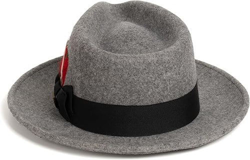 Gangster 100% Australian Wool Crushable Mens Fedora Hat - Removable Feather Gangster Grey Melange Mens Fedora Hat