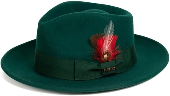 Gangster 100% Australian Wool Crushable Mens Fedora Hat - Removable Feather Gangster Hunter Green Mens Fedora Hat