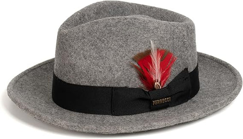 Gangster 100% Australian Wool Crushable Mens Fedora Hat - Removable Feather Gangster Grey Melange Mens Fedora Hat