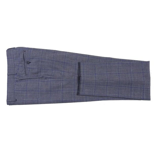 Wool Silk and Linen Double Breasted Slim Fit Grey and Blue Windowpane