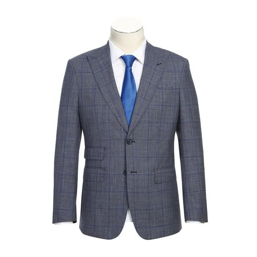 Wool Silk and Linen Double Breasted Slim Fit Grey and Blue Windowpane