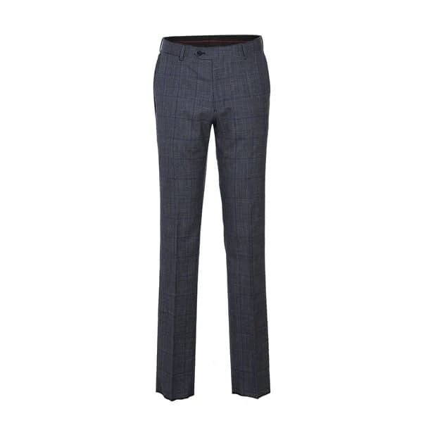 Wool Silk and Linen Double Breasted Slim Fit Grey and Blue Windowpane