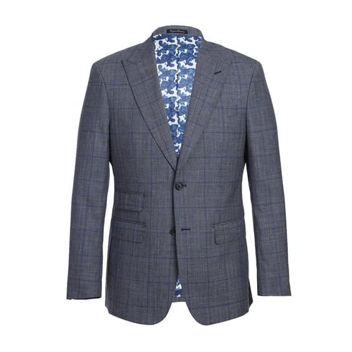 Wool Silk and Linen Double Breasted Slim Fit Grey and Blue Windowpane