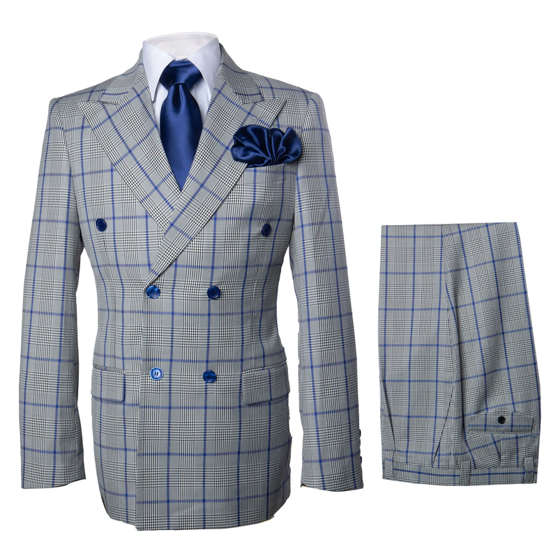 Grey, double-breasted wool suit with blue plaid. Features a jacket with notched lapels and two pockets, paired with wide-leg, pleated pants. 100% wool.