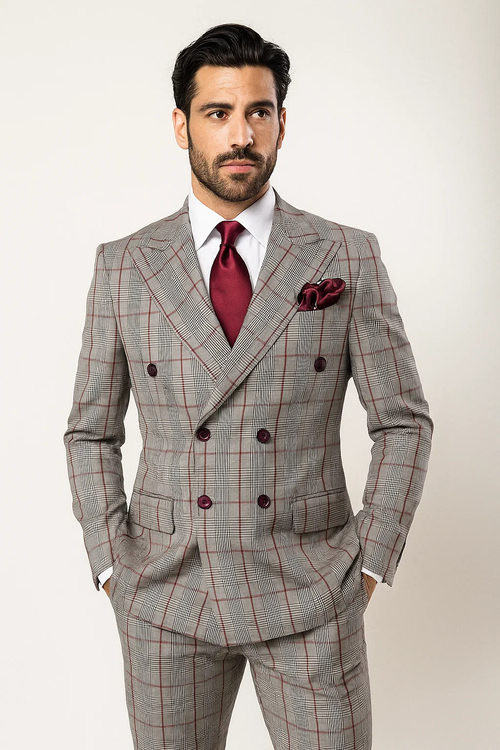 Grey 100% wool suit with a red plaid pattern. Classic fit, double-breasted jacket, and wide-leg pants.