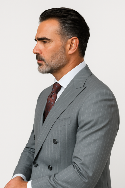 Gray Pinstripe Double Breasted Modern Fit Suits For Men Atlas