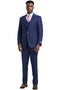 Navy pinstripe Stacy Adams suit. Single-breasted jacket with peak lapel, gold button, and vest. Tailored fit, includes trousers, white shirt, and pink tie. Classic style.