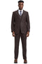 Stacy Adams men's one-button suit. Brown windowpane plaid, wide peak lapel. Includes matching button-down vest and tailored trousers. Smooth, structured fabric.