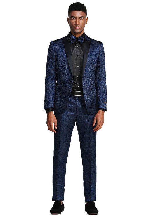 "Navy Men's Slim Fit Paisley Tuxedo - One Button Wedding & Prom 2025 Suit"