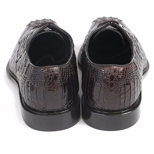 Dark brown Belvedere Chapo oxfords. Glossy crocodile hornback exterior. Rounded toe, low black sole. Smooth heel, textured scales near the upper.