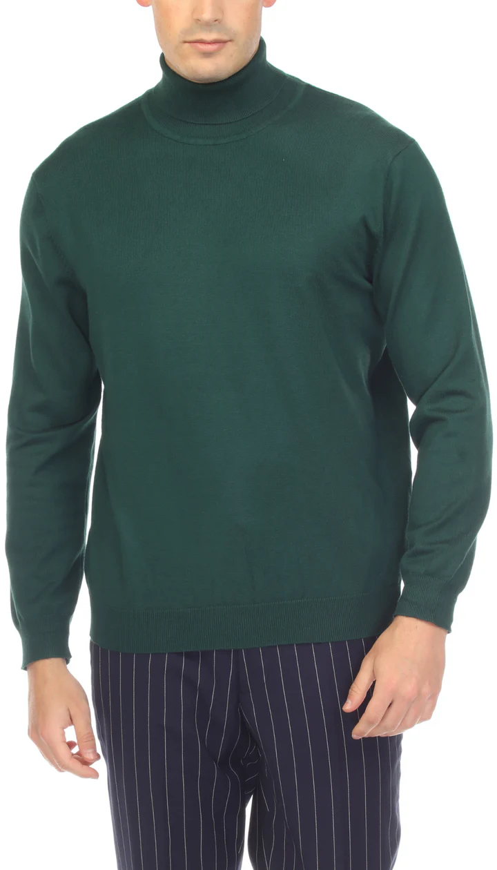 Hunter green men's turtleneck sweater. Fitted, high neck, long sleeves. Knitted with a smooth texture. Deep green color, solid pattern. Ribbed cuffs and hem detailing.