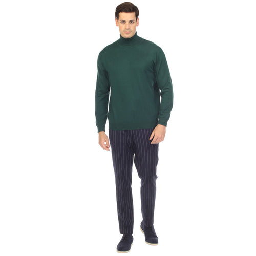 Men's hunter green turtleneck sweater. Fitted, high-neck design with long sleeves and ribbed texture. Knit material for elasticity and comfort. Solid color, no embellishments.