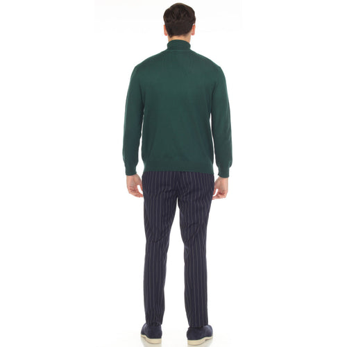 Alberto Nardoni men's hunter green turtleneck sweater. Fitted silhouette, long sleeves, high collar. Lightweight, breathable, stretch fabric. Ribbed collar/hem. Solid hunter green. No patterns.