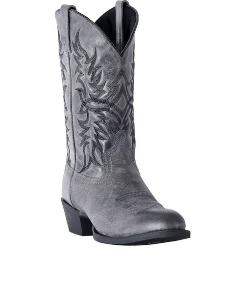 Laredo Harding men's boot: Grey leather with black embroidered shaft. Pointed toe, stacked heel, and pull tabs. Durable rubber outsole. Double-stitched seams.