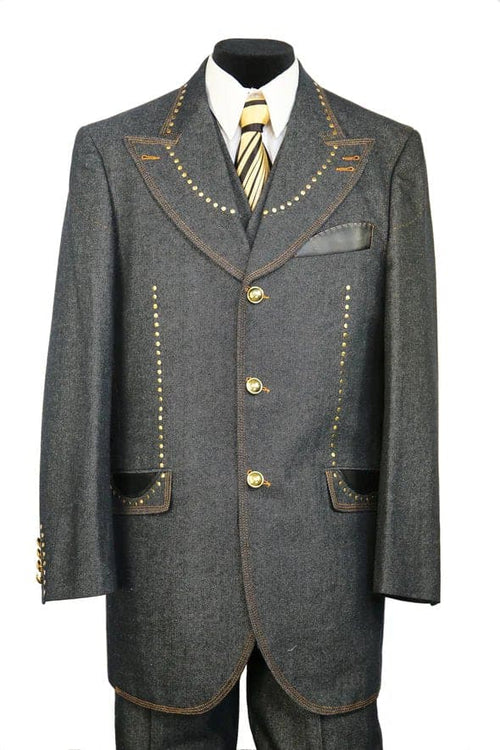 Denim Suit - Cotton Fabric Vested Suit - 3 Pieces Suit - Vested Fancy Zoot Suit