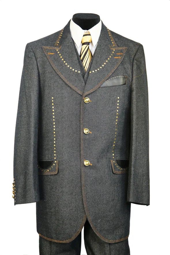 Denim Suit - Cotton Fabric Vested Suit - 3 Pieces Suit - Vested Fancy Zoot Suit