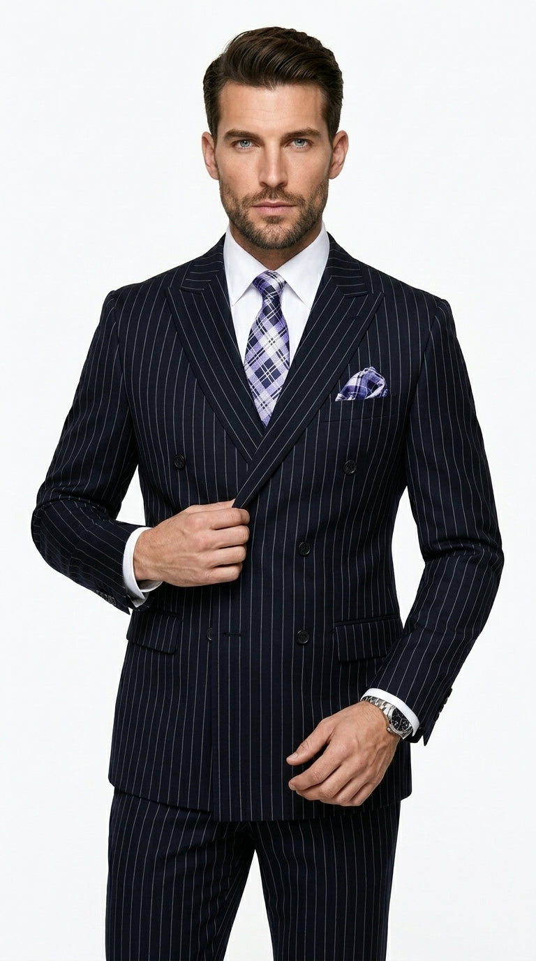 Men’s Navy Pinstripe Double Breasted Suit, Statement Formal Wedding Business Dress Suit