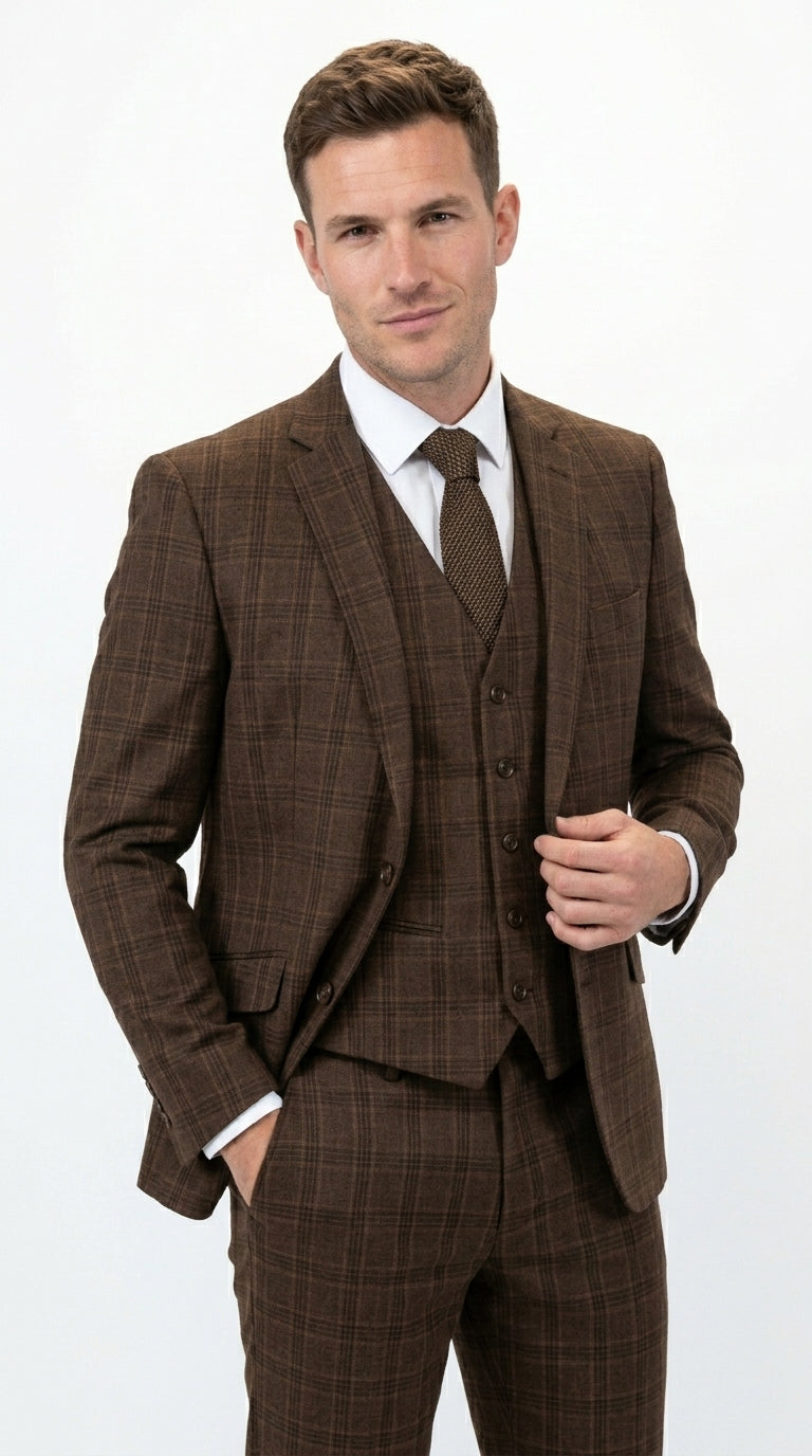 Men’s Brown Windowpane Plaid 3 Piece Suit, Classic Formal Wedding Business Dress Suit Set