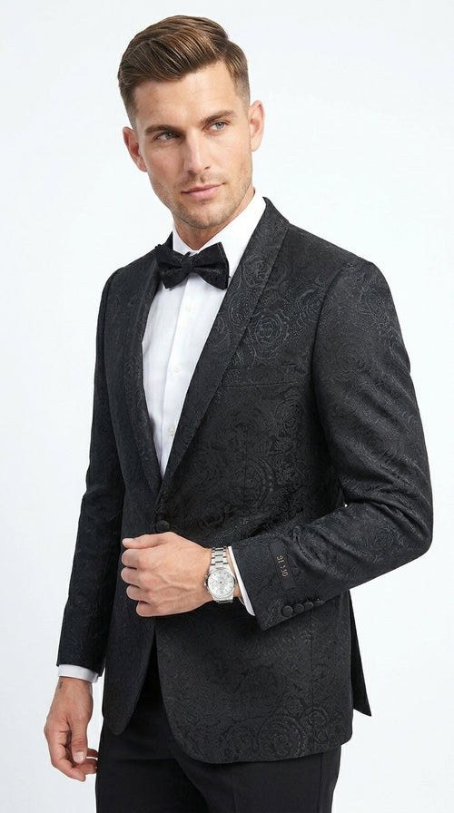 Men’s Black Floral Patterned Tuxedo Jacket, Formal Wedding Prom Dinner Blazer with Shawl Lapel