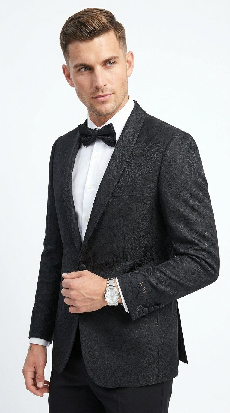 Men’s Black Floral Patterned Tuxedo Jacket, Formal Wedding Prom Dinner Blazer with Shawl Lapel
