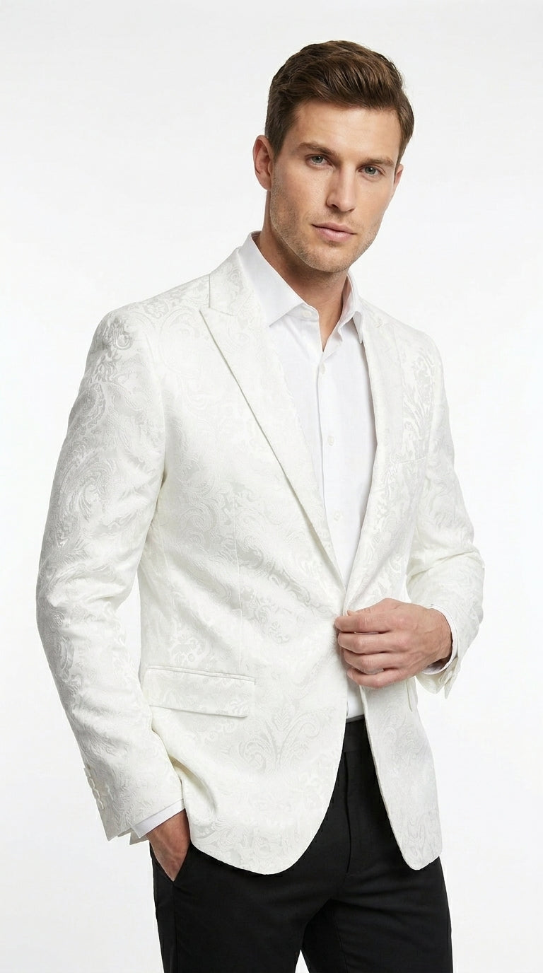 Men’s White Floral Satin Dinner Jacket – Shiny Paisley Tuxedo Blazer for Wedding, Prom, Stage & Party Wear