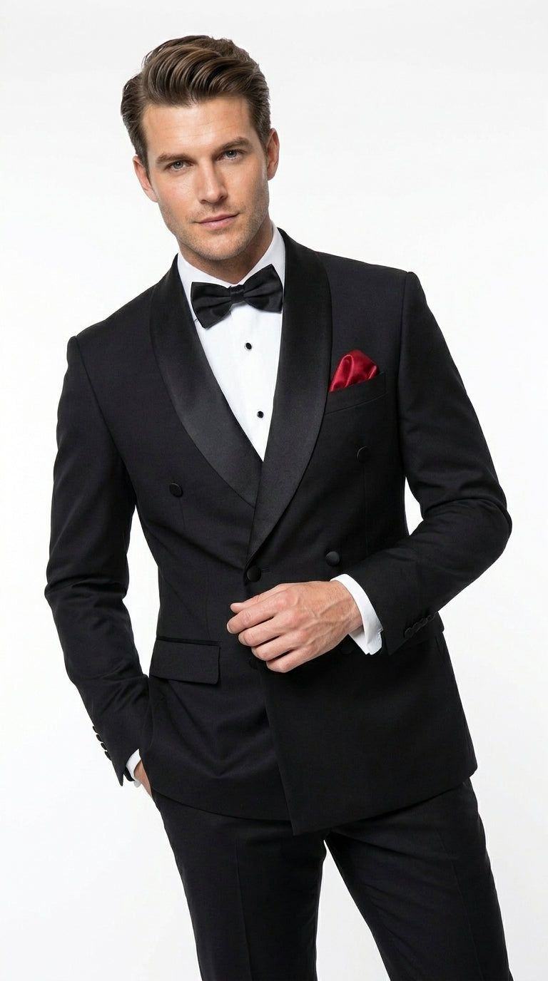 Men’s Black Six Button Double Breasted Tuxedo, 2 Piece Formal Wedding Suit